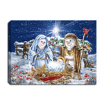 Festive nativity scene with snowflakes and a bright star on a blue background