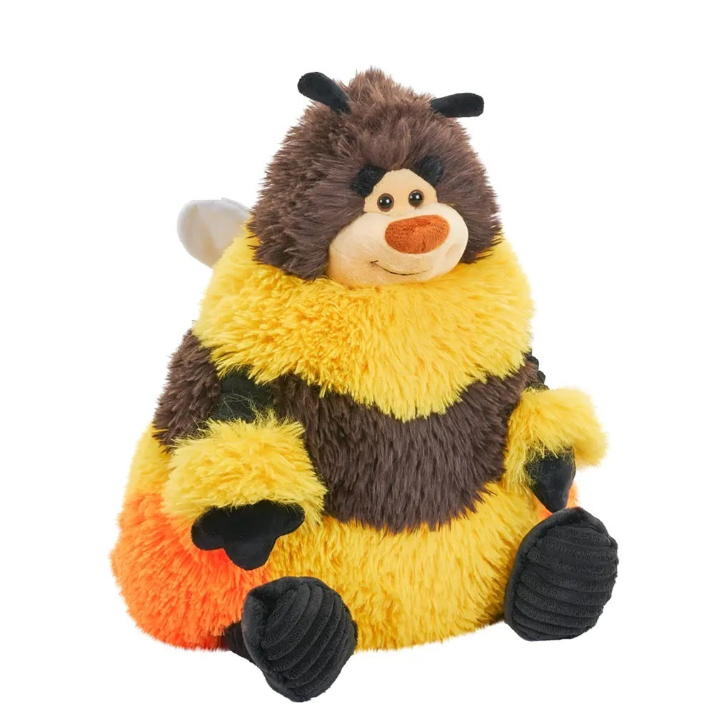 Plush toy resembling a bee with brown, yellow, and black colors on a white background