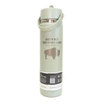 green insulated bottle with text and logo on a white background