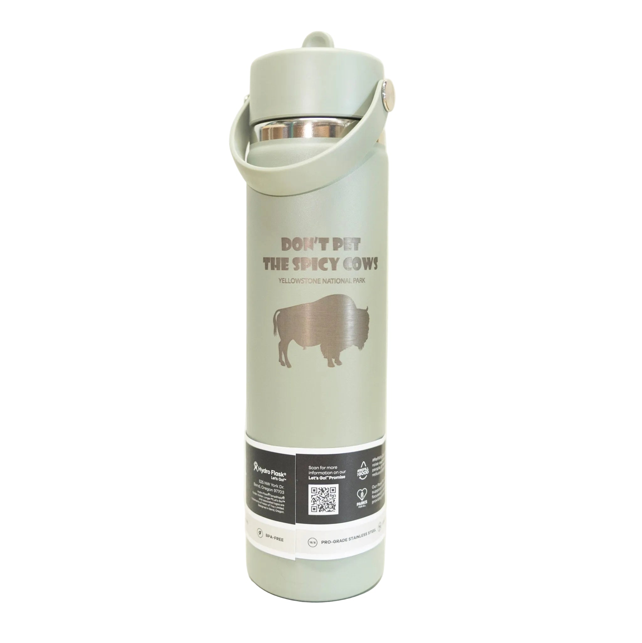 green insulated bottle with text and logo on a white background