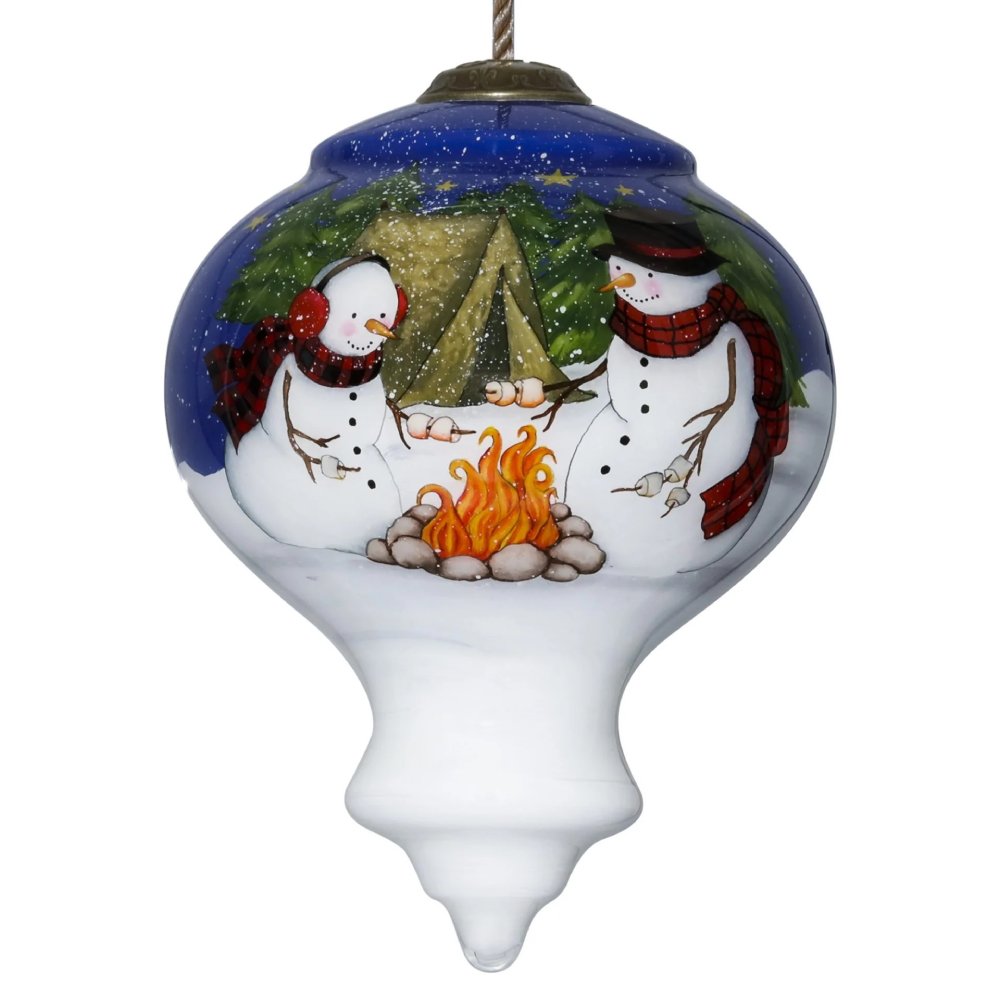 One, snowy evening on a camping trip, a snowman and his son build a fire to keep warm while they roast marshmallows and enjoy each other's company - at least that's what this Susan Winget Love You S'More Ornament by Inner Beauty depicts.