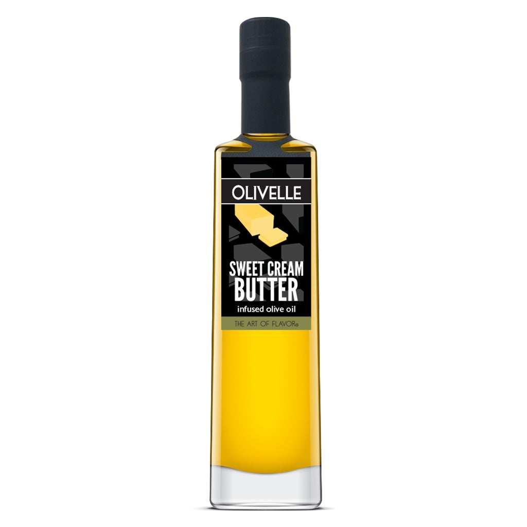 Bottle of Olivelle Sweet Cream Butter infused olive oil on a white background