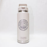 White YETI water bottle with a logo on a white background