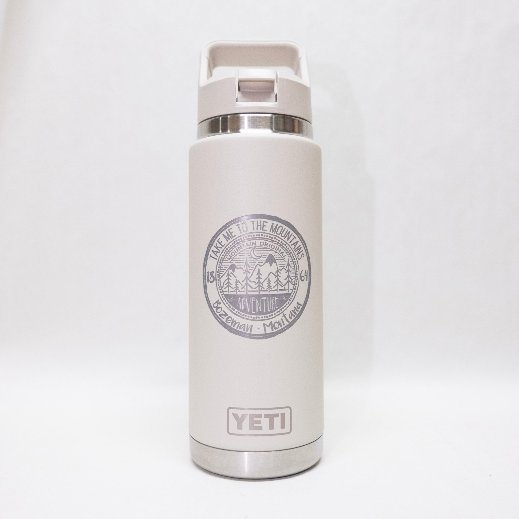 White YETI water bottle with a logo on a white background
