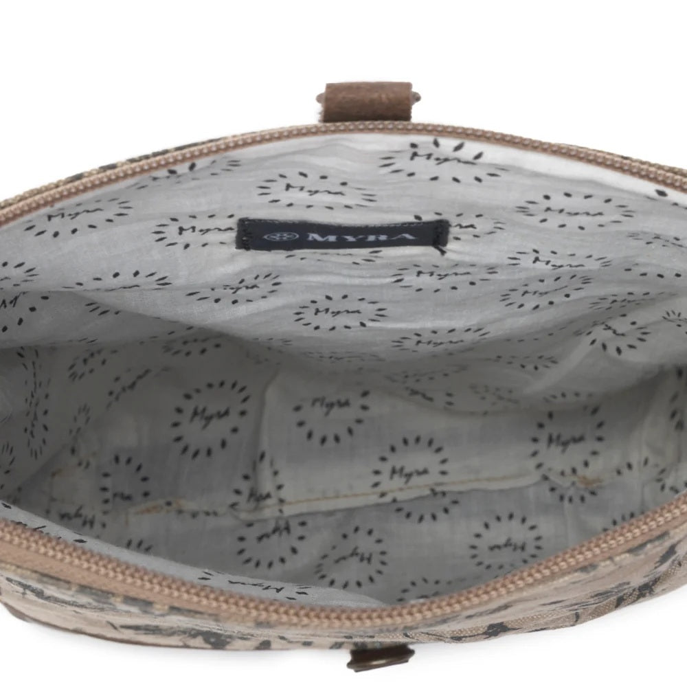 Open bag with gray interior and brand label on a white background