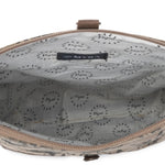 Open bag with gray interior and brand label on a white background