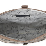Open bag with gray interior and brand label on a white background