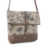 Floral-patterned handbag with brown accents on a white background