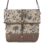 Floral patterned bag with brown accents on a white background