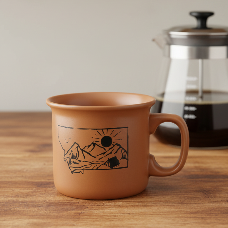 Brown mug with mountain design on a wooden table with a blurred coffee press in the background