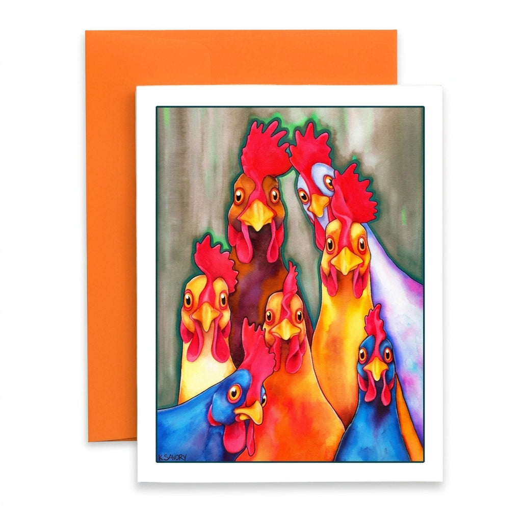 A square art print or greeting card featuring a colorful painted group of chickens, shown in front of an orange envelope on a white background.