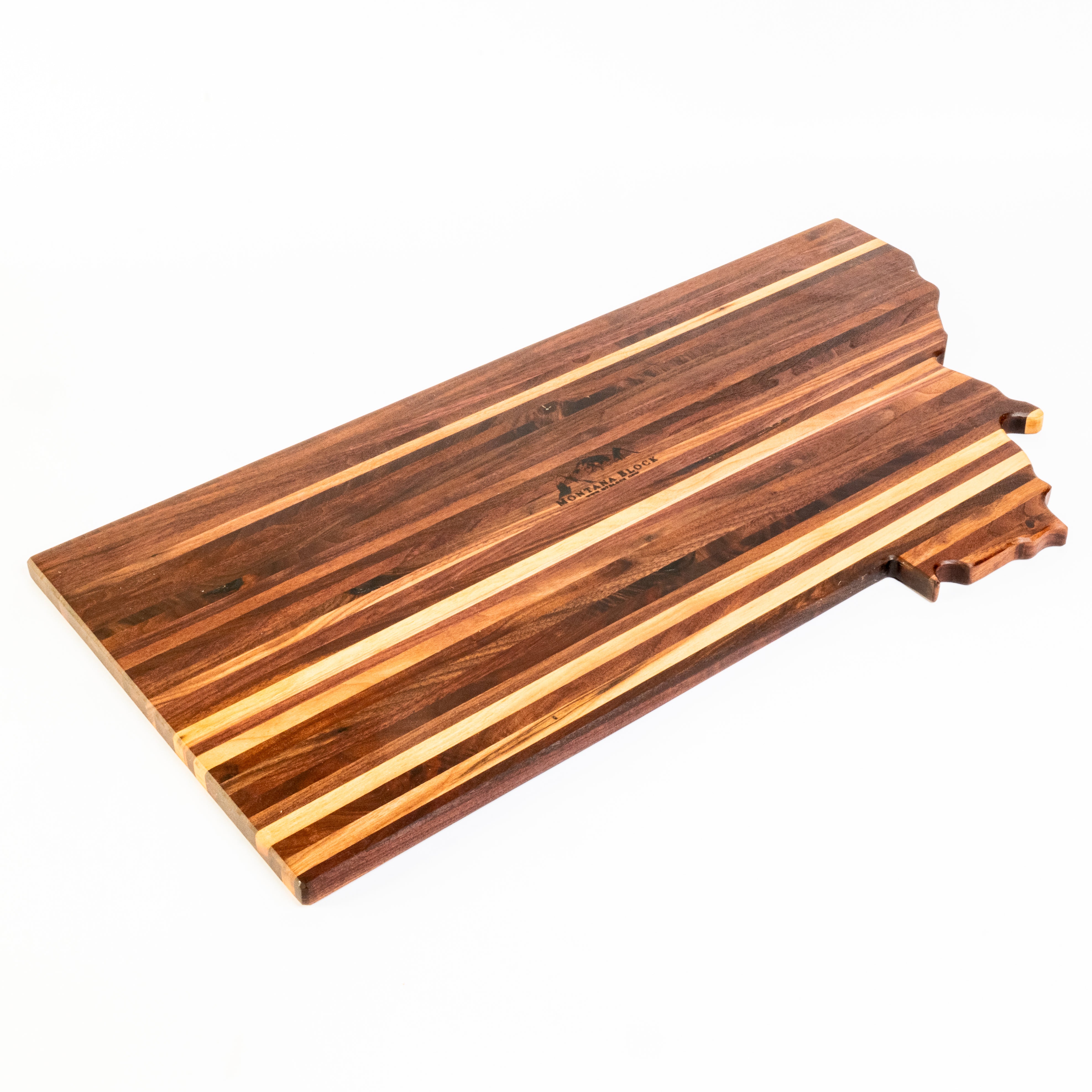 Wooden cutting board with a striped pattern on a white background