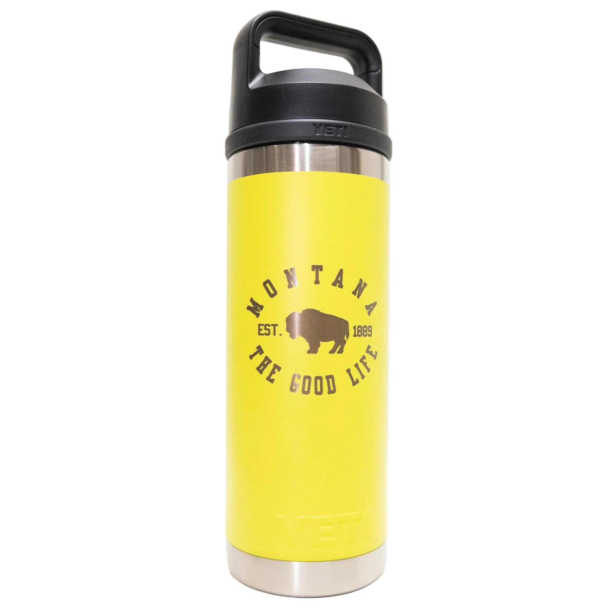 Yellow water bottle with black lid and 'Montana The Good Life' text on a white background
