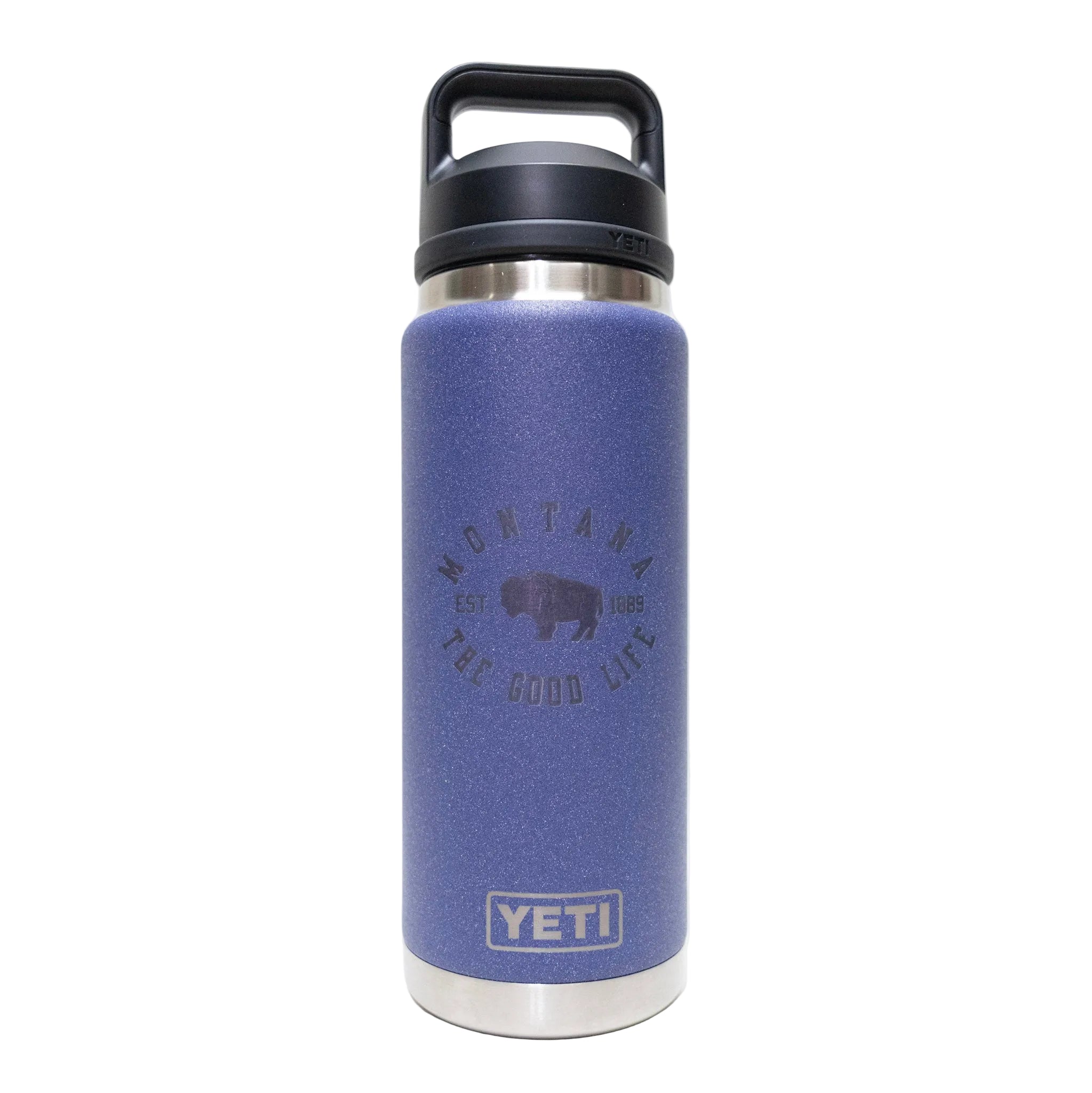 Blue YETI water bottle with black lid on a white background