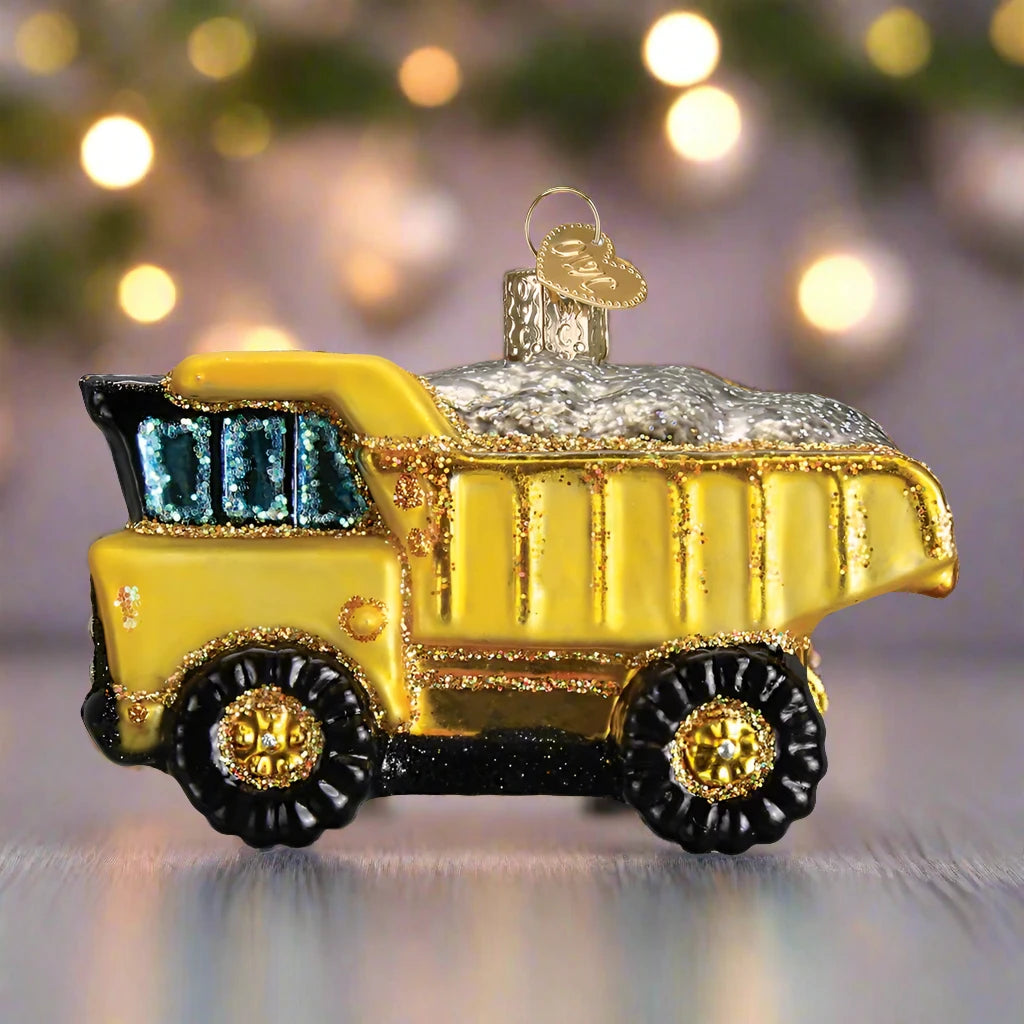 toy dump truck glass christmas ornament