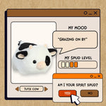 Illustration of a plush cow toy with a digital interface on a beige background