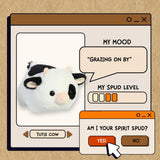 Illustration of a plush cow toy with a digital interface on a beige background