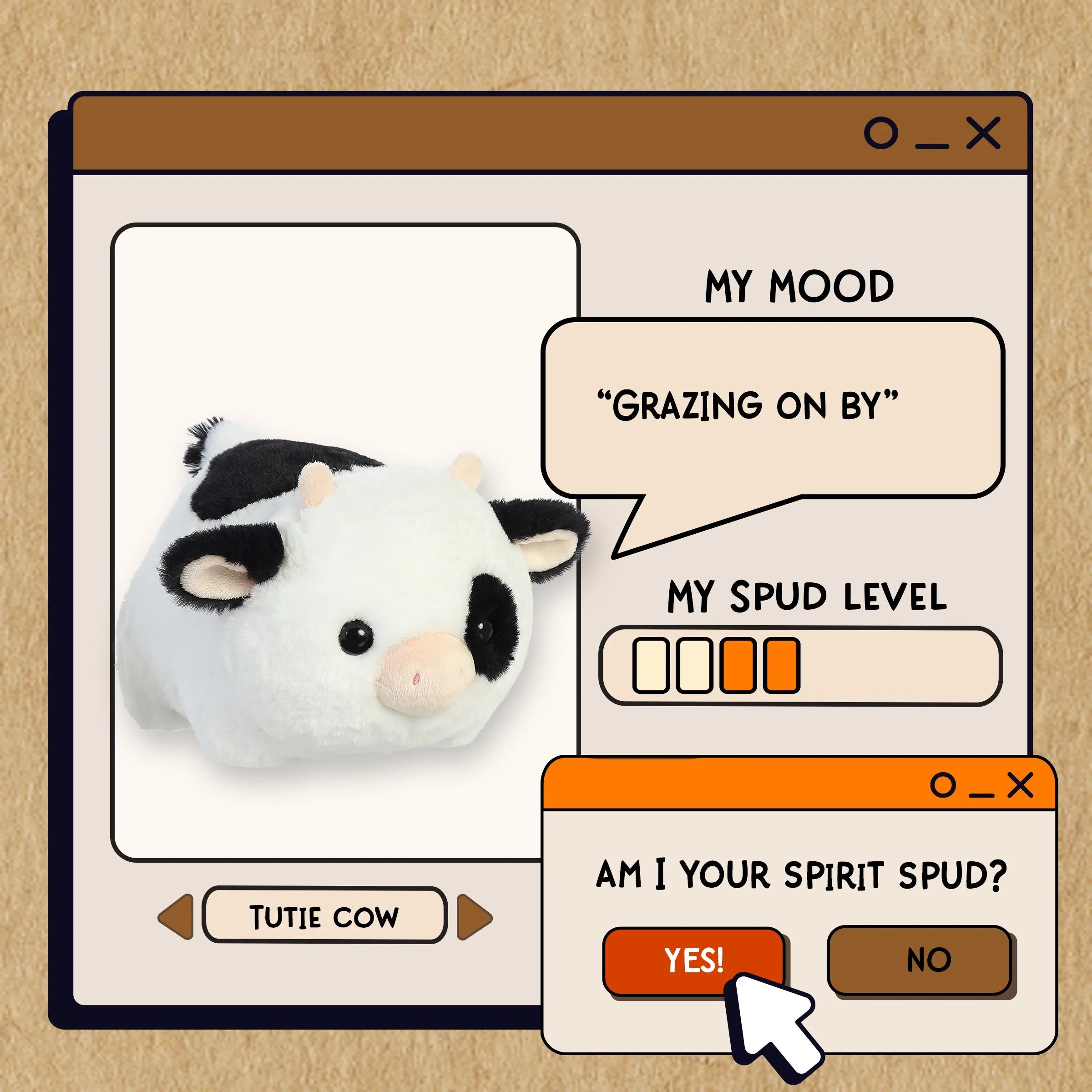 Illustration of a plush cow toy with a digital interface on a beige background