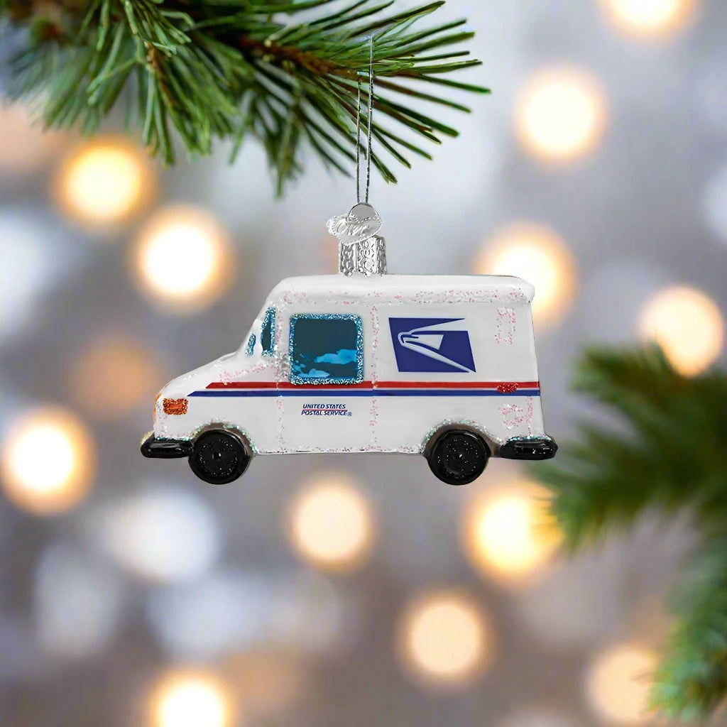 usps mail truck glass ornament
