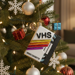 VHS video cassette ornament on a decorated Christmas tree