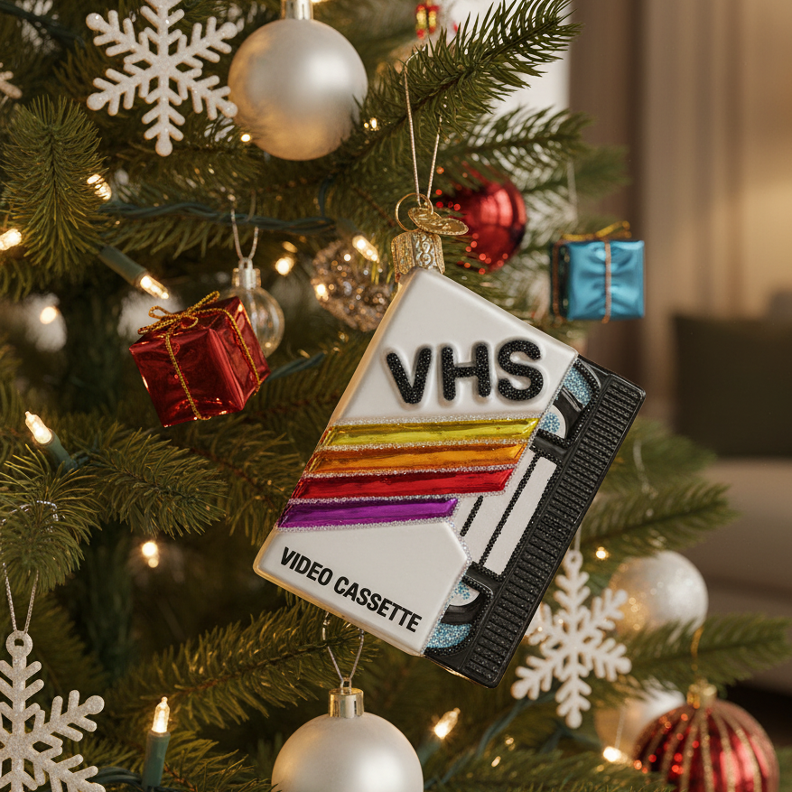 VHS video cassette ornament on a decorated Christmas tree