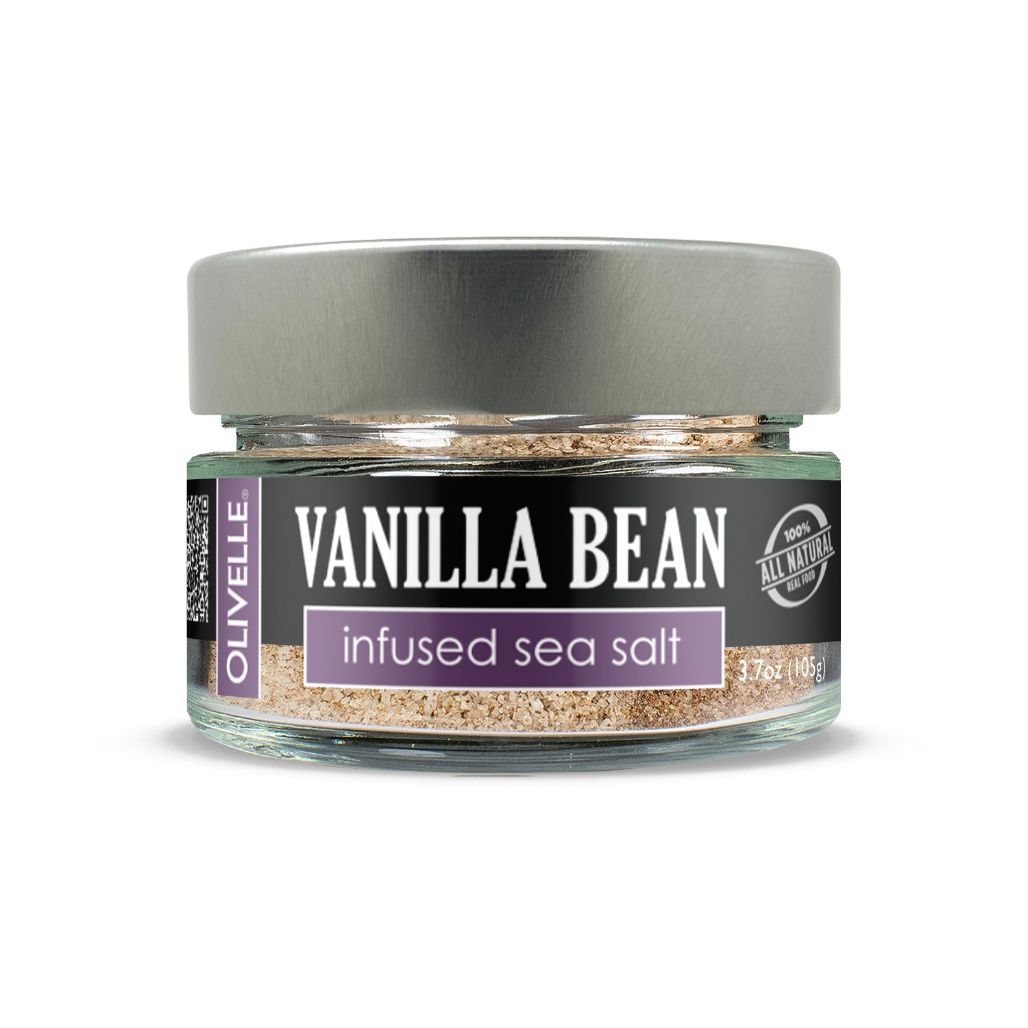 Jar of vanilla bean infused sea salt with Olivelle branding on a white background