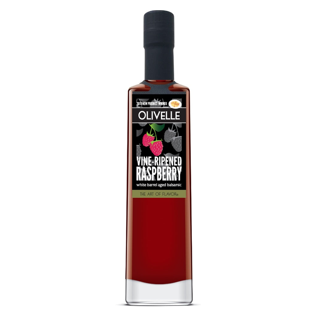 Bottle of Olivelle Vine-Pipened Raspberry liquor on a white background