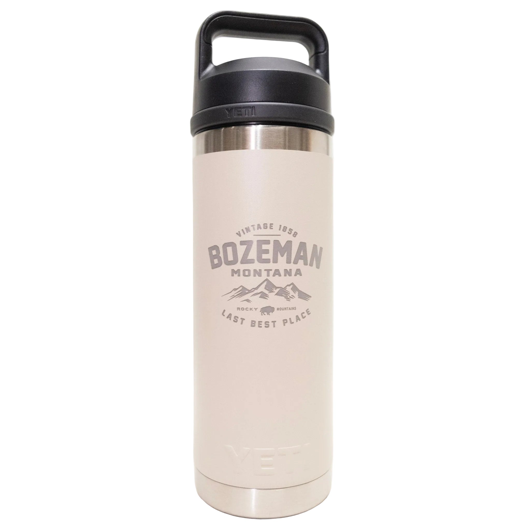 White insulated bottle with black lid featuring 'Bozeman, Montana' text on a white background
