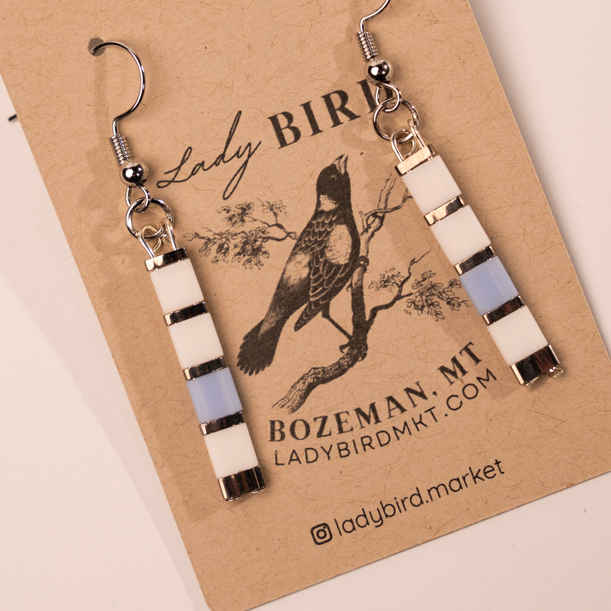 White Mix Silver Tila Bead Dangle Earrings - close up