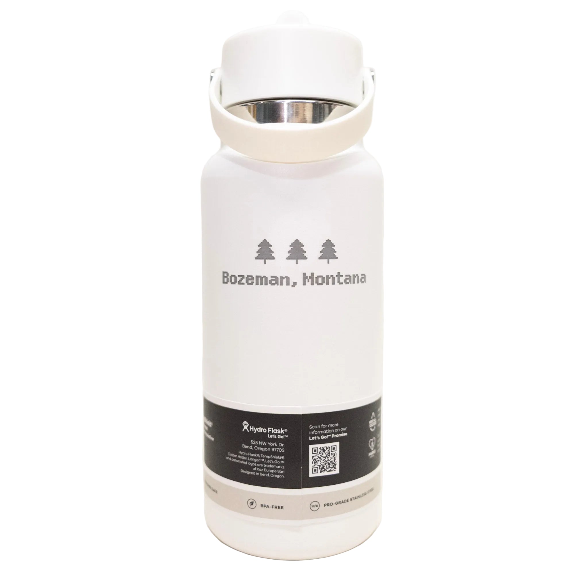 White insulated bottle with 'Bozeman, Montana' text and logo on a white background