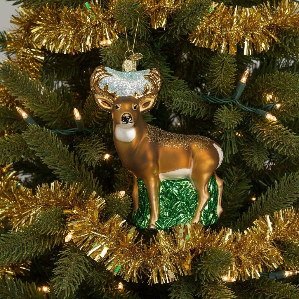 Decorative deer ornament on a Christmas tree with gold tinsel and lights.