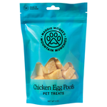 Blue package of Maddie McGee's Chicken Egg Poofs pet treats with a clear window showing the treats inside.