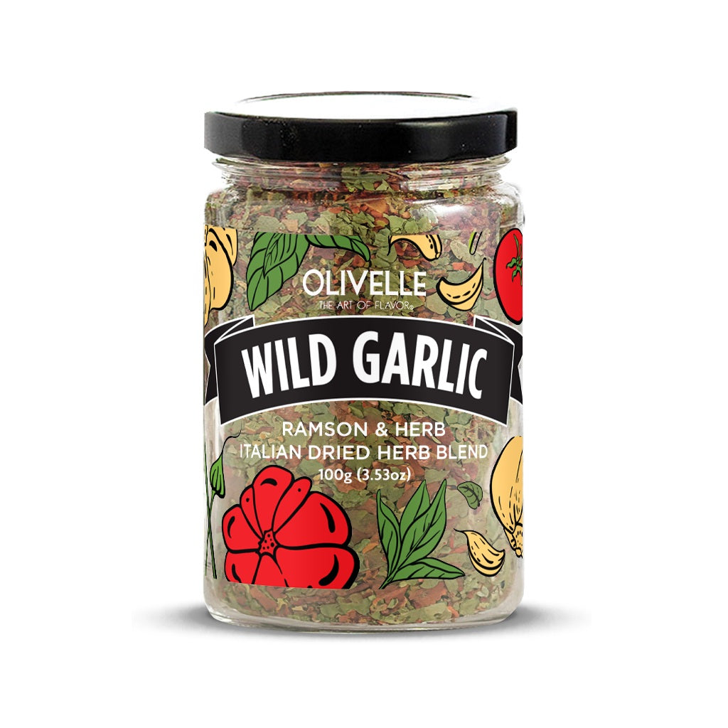 Jar of Olivelle Wild Garlic blend on a white background