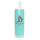 Turquoise tumbler with cowboy boot design and 'Wild West Montana' text on a white background
