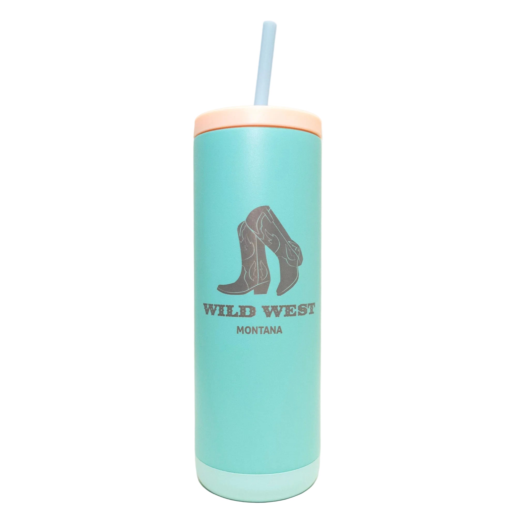 Turquoise tumbler with cowboy boot design and 'Wild West Montana' text on a white background