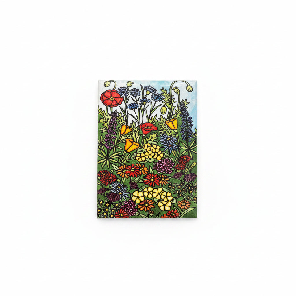 A rectangular magnet featuring a colorful wildflower illustration, shown against a plain white background.