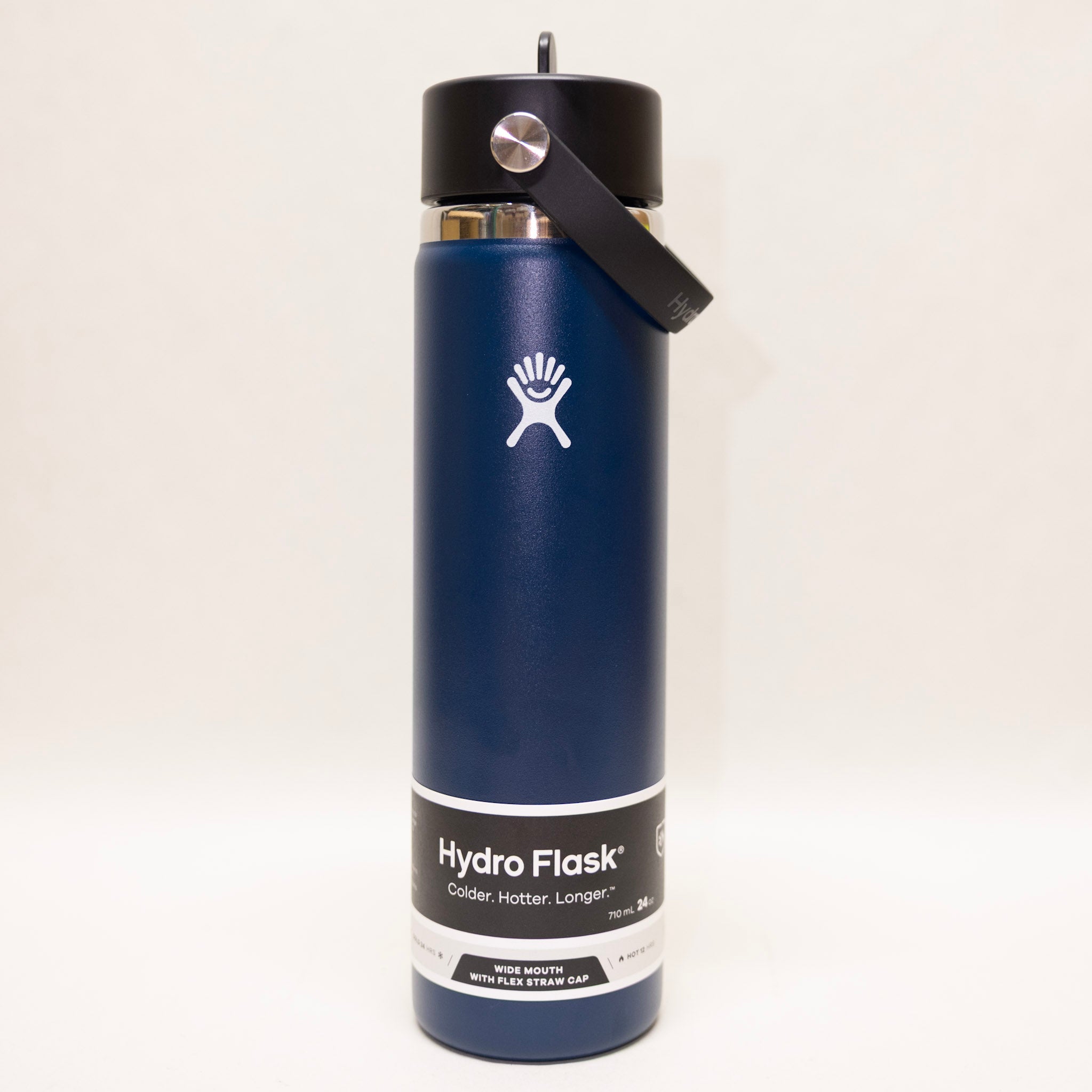 Blue Hydro Flask with black lid on a white background