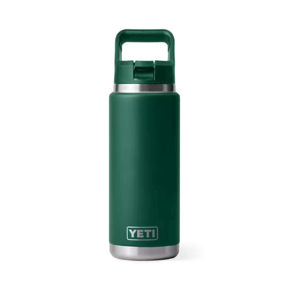 Green YETI water bottle with a silver base on a white background