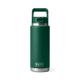 Green YETI water bottle with a silver base on a white background