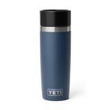 Blue YETI mug with a black lid on a white background