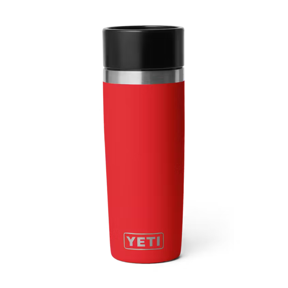 Red YETI mug with black lid on a white background