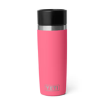 Pink YETI mug with black lid on a white background