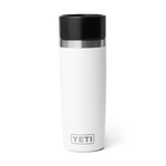 White YETI insulated mug with a black lid on a white background