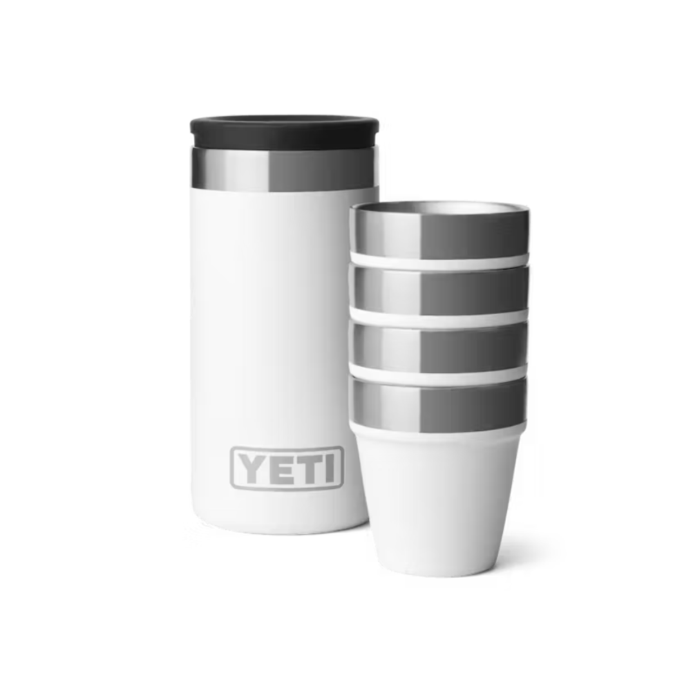 White YETI travel mug with black lid and gray accents on a white background