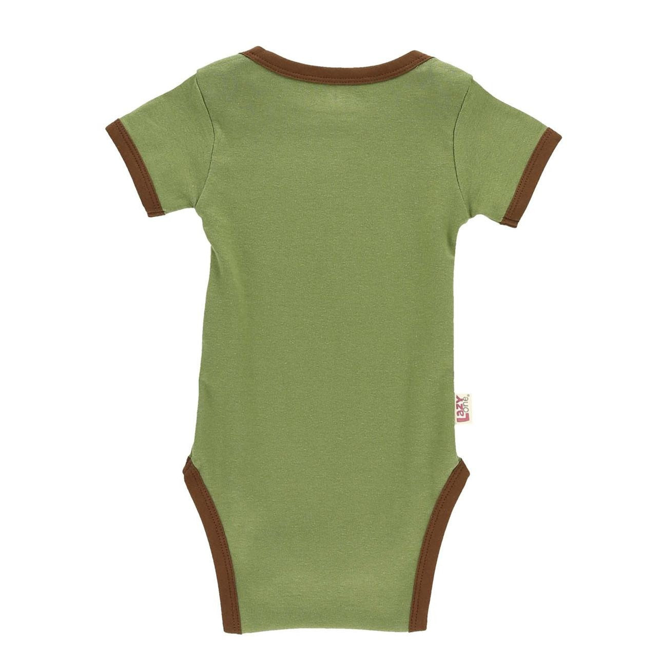 Green baby onesie with brown trim on a white background
