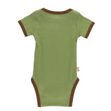 Green baby onesie with brown trim on a white background