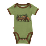 Green baby onesie with brown accents featuring a bison graphic on a white background