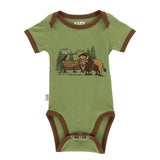 Green baby onesie with brown accents featuring a bison graphic on a white background