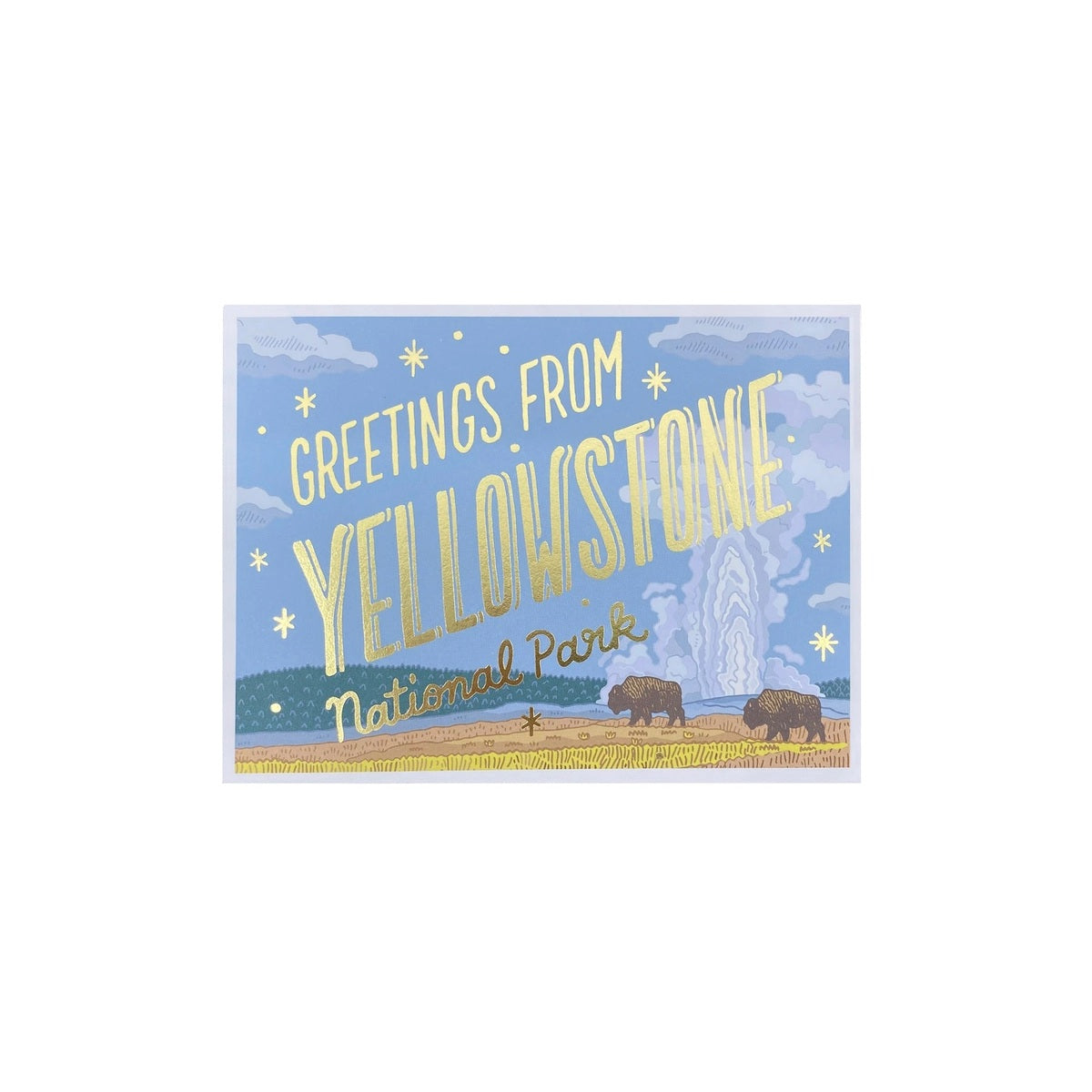 A postcard featuring a whimsical Yellowstone National Park illustration with the text 'Greetings from Yellowstone National Park' in large gold lettering against a light blue sky with clouds, stars, and two bison in a grassy landscape.