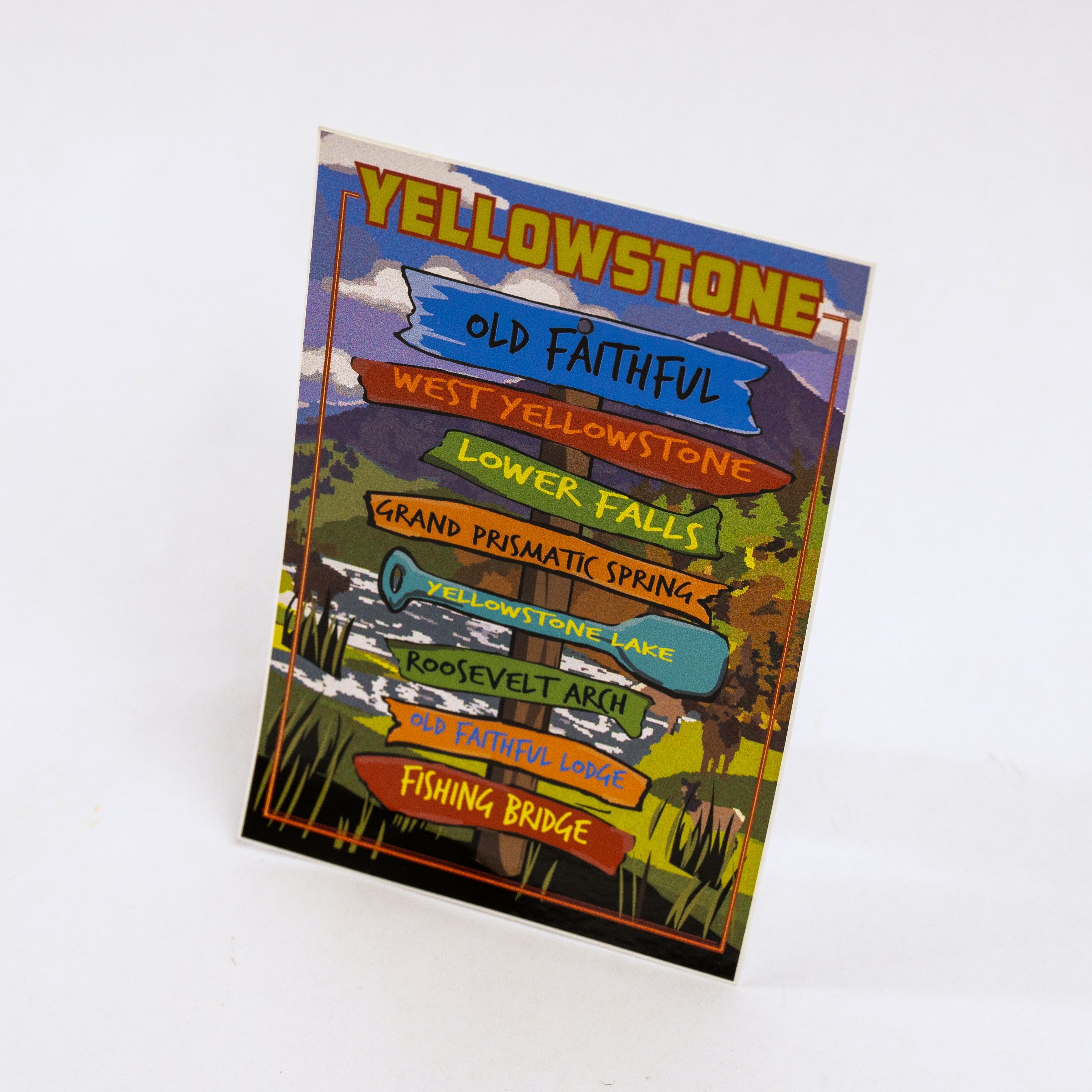 Colorful Yellowstone-themed sticker with various locations on a white background